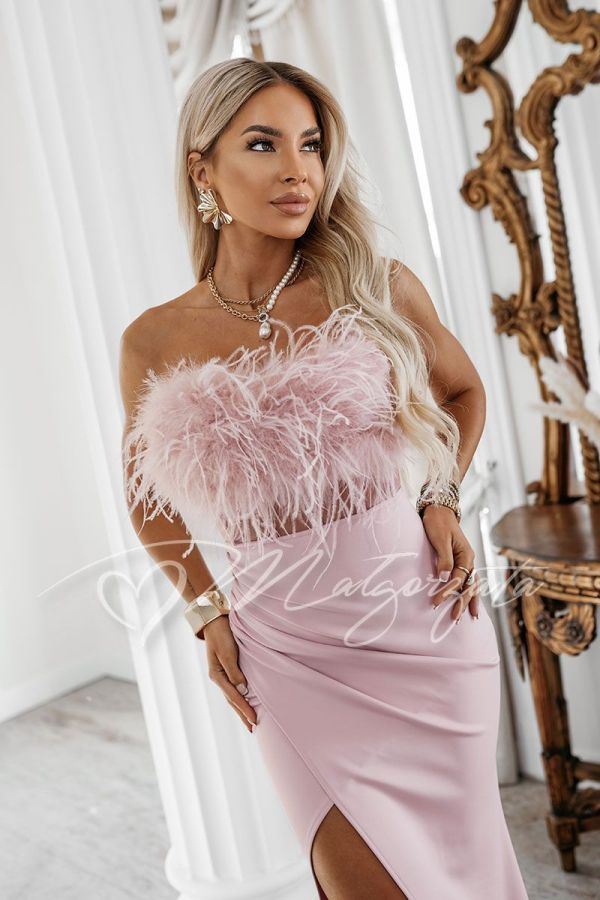 Pink corset maxi dress with feathers - Evra