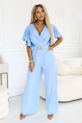 Blue women's jumpsuit with wide leg and decorative belt - Fama