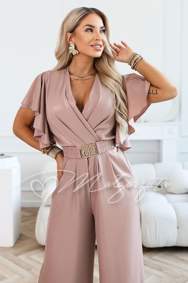 Women's mocha-coloured jumpsuit with wide leg and decorative belt - Fama