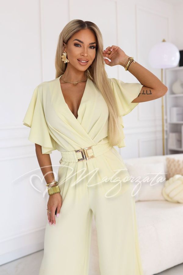 Yellow women's jumpsuit with wide leg and decorative belt - Fama