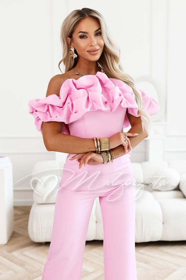 Pink elegant women's jumpsuit with Spanish neckline - Fiore