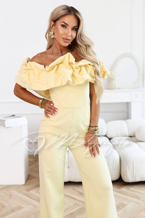Yellow elegant women's jumpsuit with Spanish neckline - Fiore
