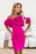 Fuchsia knee-length Spanish dress with feathers - Nanti