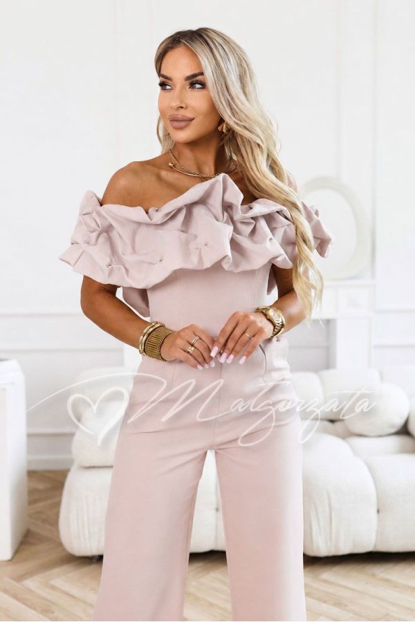 Beige elegant women's jumpsuit with Spanish neckline - Fiore