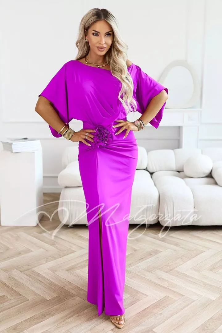 Magenta maxi dress masking imperfections with flower and crease - Soraya   Margaret