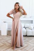Mocha-coloured maxi dress for wedding with cap sleeve and flower embellishment - Ruby