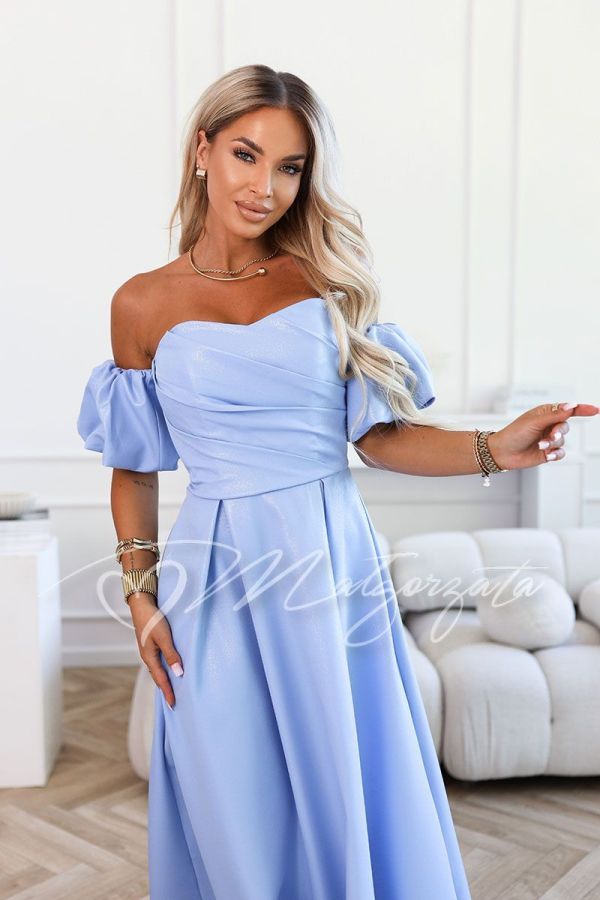 Blue maxi dress for wedding with buffets and slit - Alessia