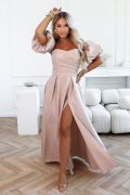 Beige maxi dress for wedding with buffets and slit - Alessia