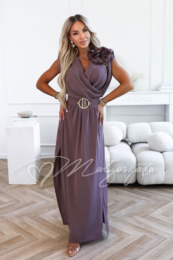 Imperfection-masking maxi dress for wedding with flower and belt in mocha - Selene