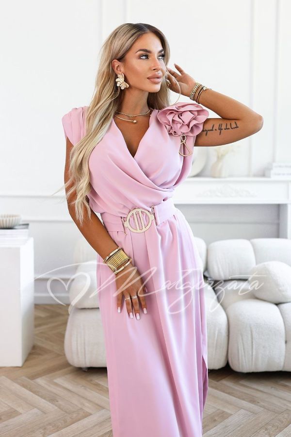 Pink maxi dress for wedding masking imperfections with flower and belt - Selene