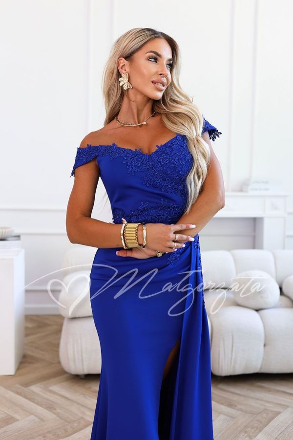 Cornflower maxi dress for wedding with lace and slit - Florence