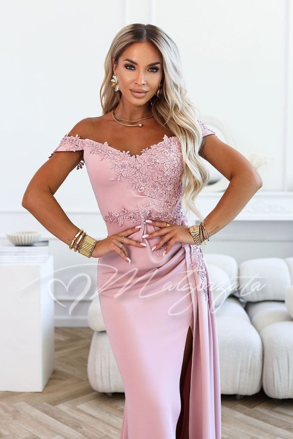 Pink maxi dress for wedding with lace and slit - Florence