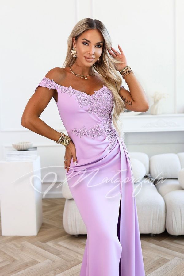 Lavender maxi dress for wedding with lace and slit - Florence