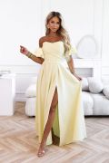 Yellow maxi dress for a wedding, with puff sleeves and a slit – Alessia