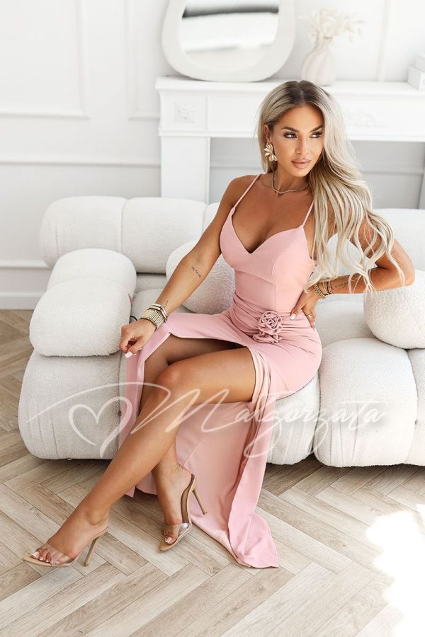 Pink maxi dress for a wedding with decorative flowers – Roxi