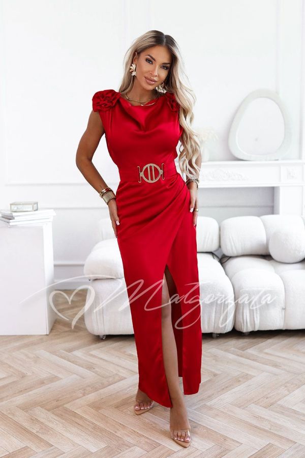 Red satin dress with a sweetheart neckline and floral print – Domenica
