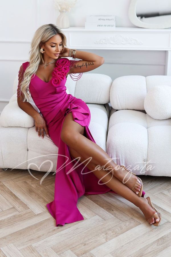 Fuchsia maxi dress with a slit and beading – Dalia
