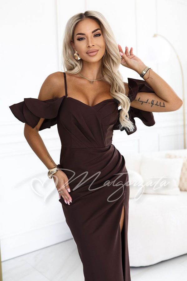 Chocolate-coloured maxi dress for a wedding, with ruffles and a slit – Larissa