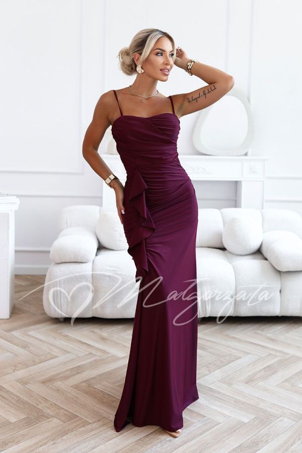 Burgundy strappy maxi dress with a frill – Kesja