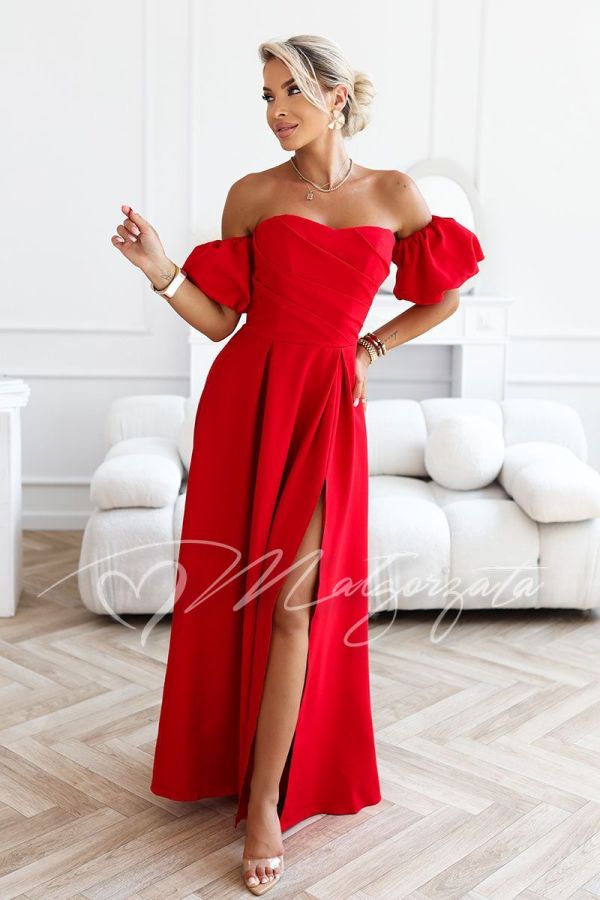Red flared maxi dress with puff sleeves – Alessia