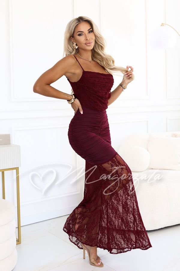 Burgundy maxi dress with lace and ruffles – Nerina