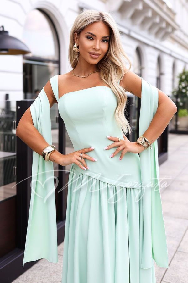 Pistachio-coloured maxi corset dress with a shawl - Alvina by Małgorzata