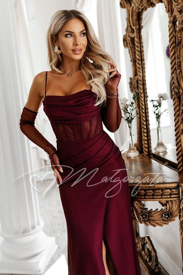 Burgundy maxi corset dress with a slit and sleeves – Mirella