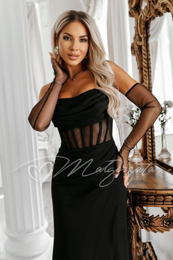 Black maxi corset dress with a slit and sleeves – Mirella