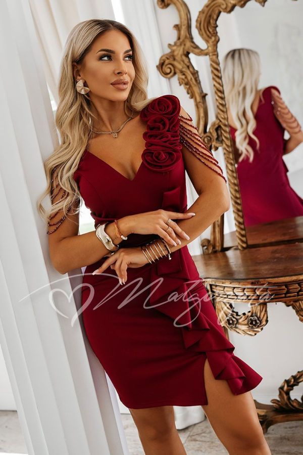 Burgundy mini dress with flowers and beads – Mirta