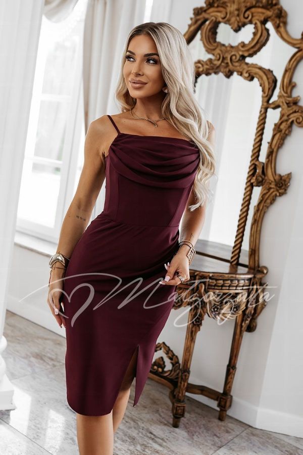 Burgundy midi evening dress with a cowl neckline – Ramona