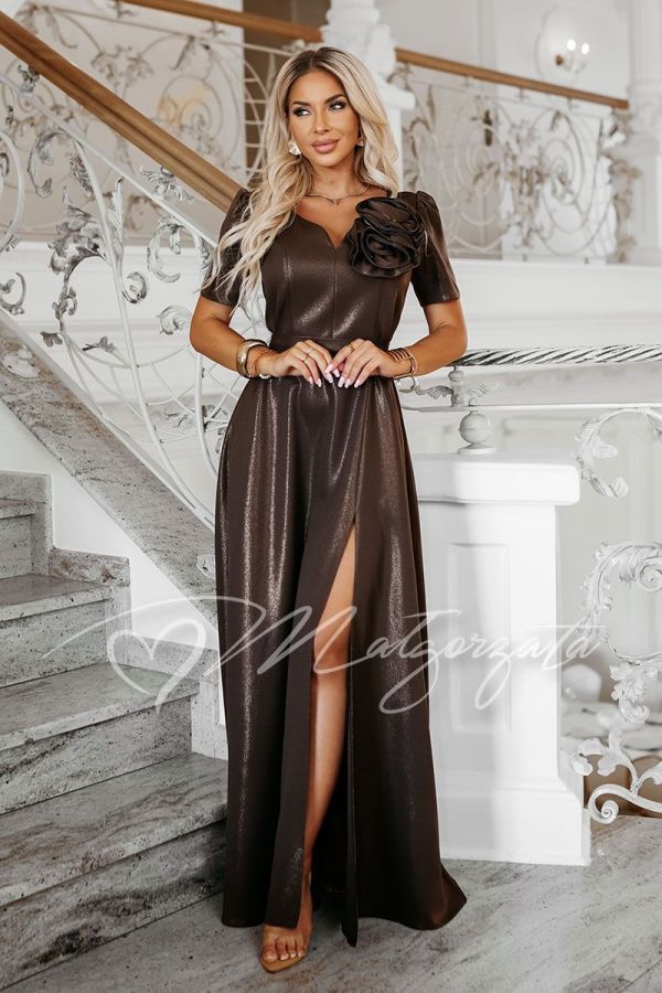 Chocolate-coloured maxi dress for a wedding, with sleeves and a decorative flower - Ruby
