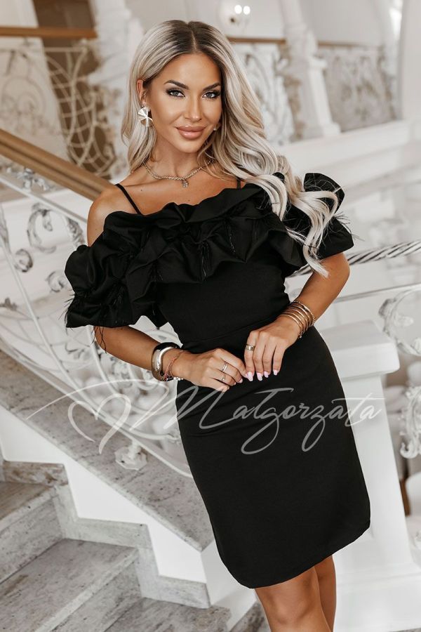 Black off-the-shoulder dress, above the knee, with feathers – Nanti