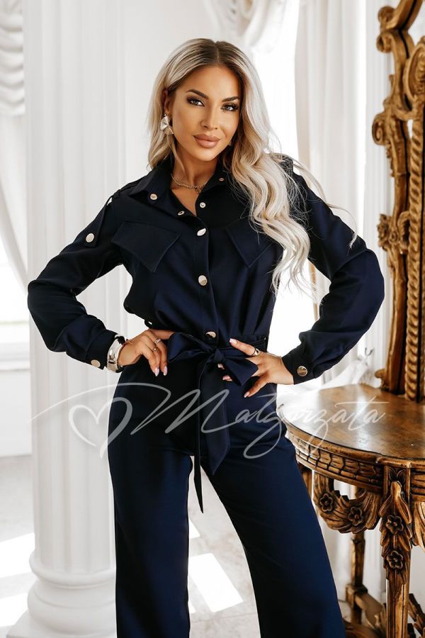 An elegant navy blue jumpsuit with a belt and wide legs – Agnes