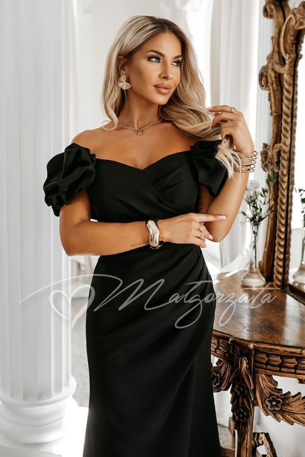 Black maxi dress with puffed sleeves and a slit – Marietta