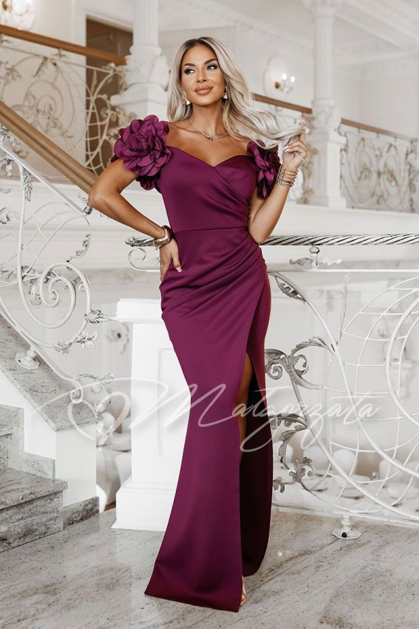 Plum-coloured maxi evening dress with floral detailing on the shoulders – Cristianna