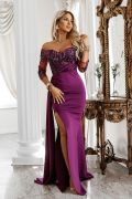 Plum-coloured maxi dress with a lace bodice and a slit – Bianca