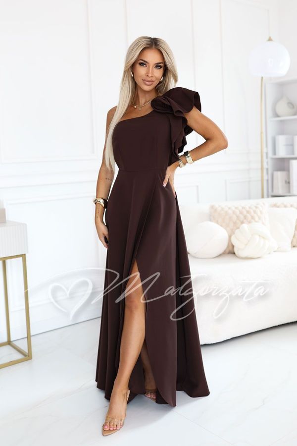 Chocolate-coloured one-shoulder flared dress with a flower – Kora