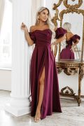 A burgundy maxi dress for a wedding, with puff sleeves and a slit – Alessia