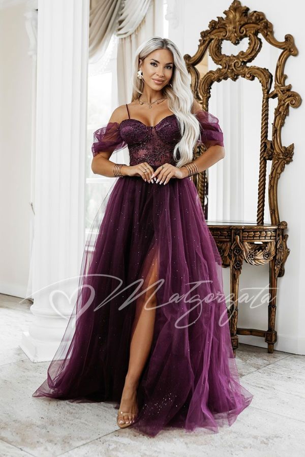 Plum-coloured tulle evening dress – Milagros