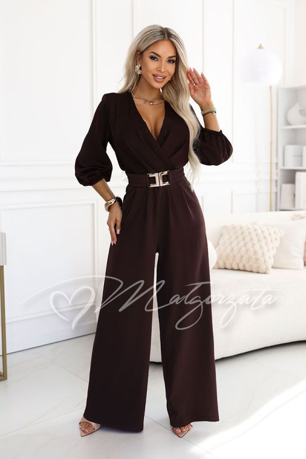 Women’s chocolate-coloured jumpsuit with a wrap neckline and wide legs – Wiki