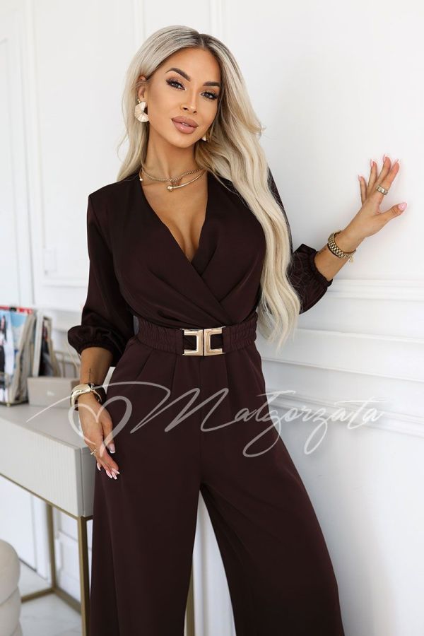 Women’s chocolate-coloured jumpsuit with a wrap neckline and wide legs – Wiki