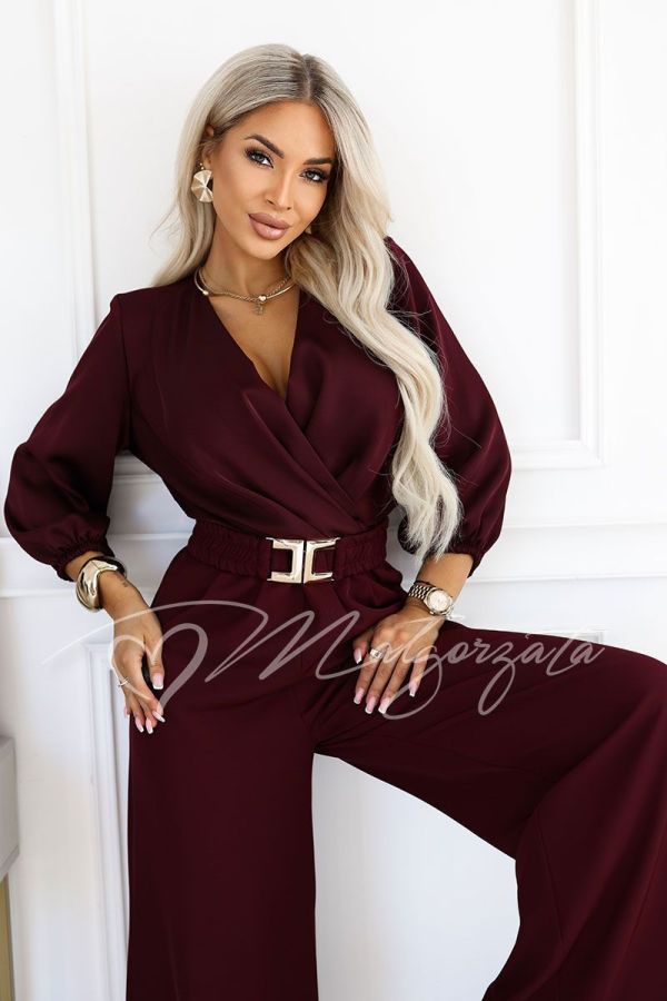Burgundy women’s jumpsuit with a wrap neckline and wide legs – Wiki