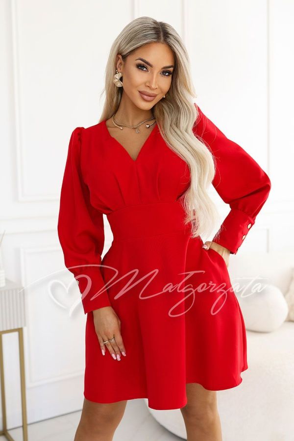 Red flared dress with a V-neck and long sleeves – Adela