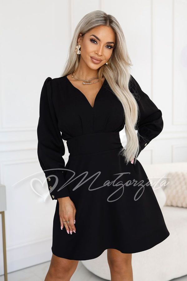 Black flared dress with a V-neck and long sleeves – Adela