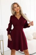 A burgundy flared dress with a V-neck and long sleeves – Adela