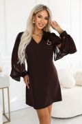 Chocolate-coloured A-line dress with long sleeves and a flower – Kornela