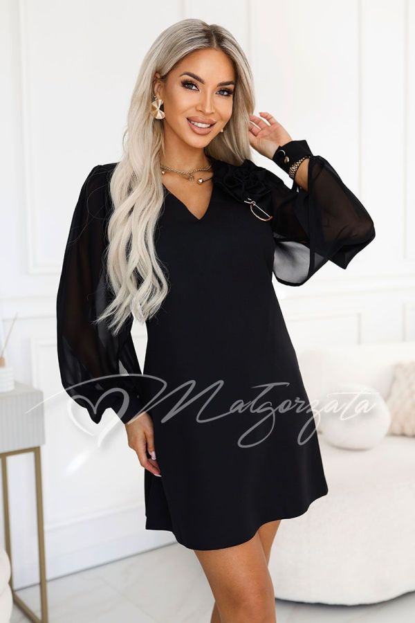 Black A-line dress with long sleeves and a flower – Kornela