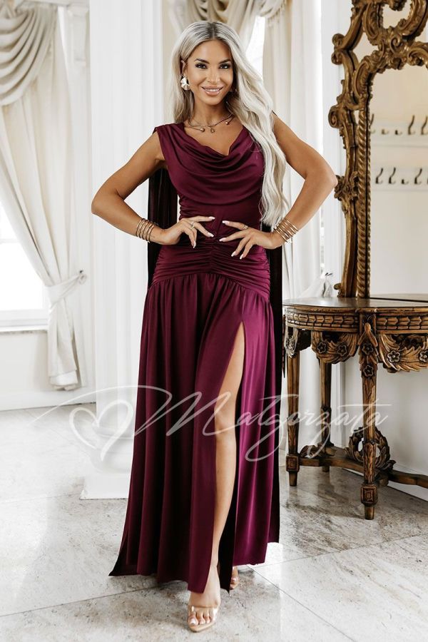 Burgundy maxi evening dress with a sweetheart neckline and sashes – Aurelia