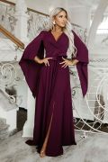 Plum-coloured maxi evening dress with wide sleeves and a floral motif – Luciana