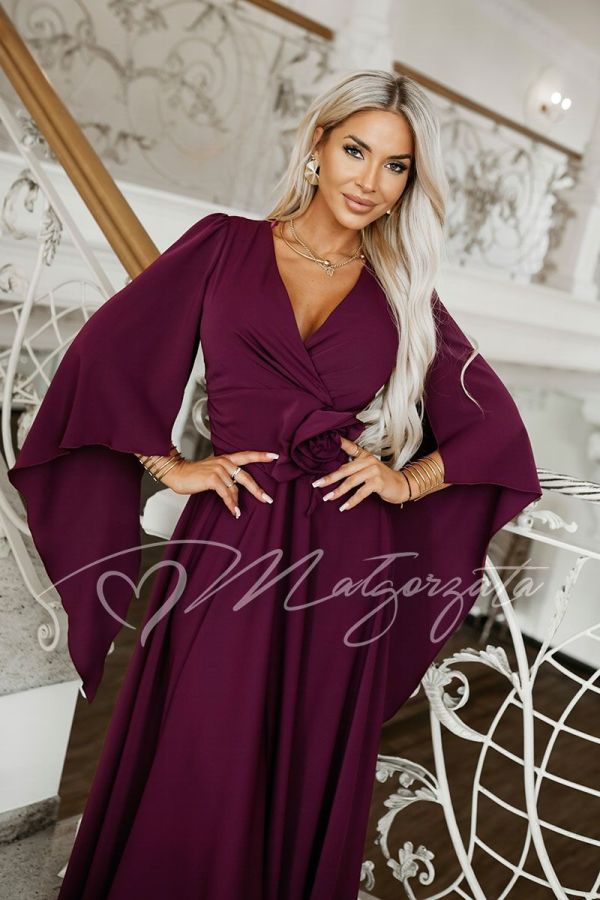Plum-coloured maxi evening dress with wide sleeves and a floral motif – Luciana